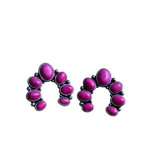 Pink Stone Arc Stud Earrings Pink Black Faux Stone Cabochons Silvertone 1 inch